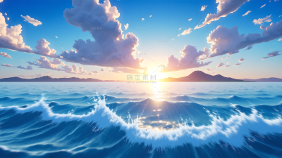 风光系列动漫风蓝天白云海面背景