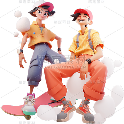 通用3D时尚感卡通感插画狂欢人物滑板双人多人贴纸