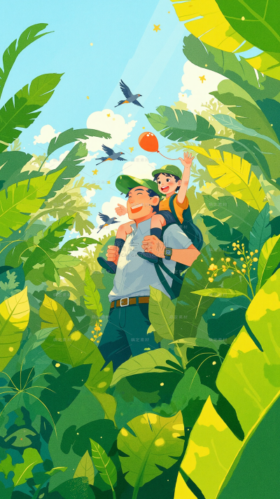 父亲节温馨感亲子互动气球植物插画背景