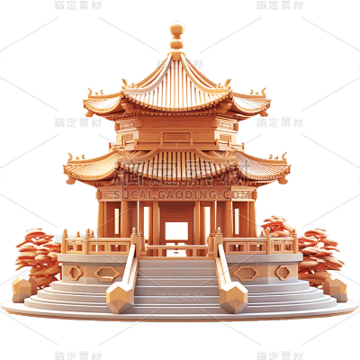 3D立体C4D元素中式中国风建筑亭子元素