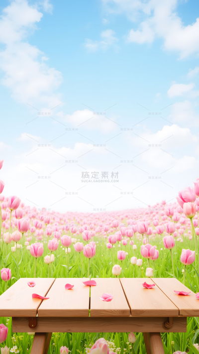 常规写实风粉色郁金香花海木桌背景