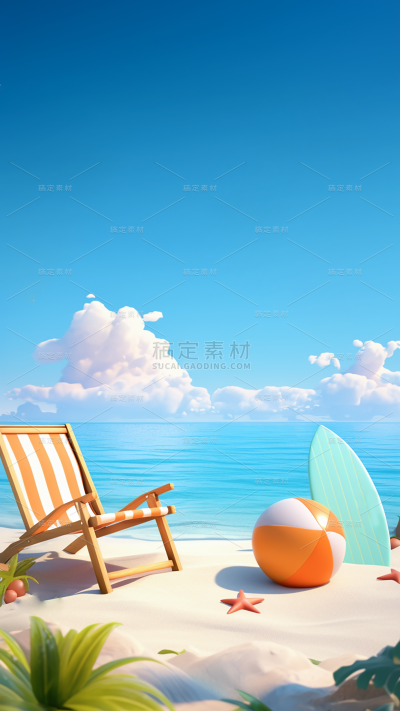 夏天夏季夏日海边3D立体场景背景素材