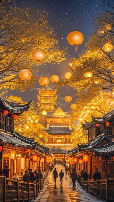 小年实景感手绘新年街道场景灯笼烟花背景