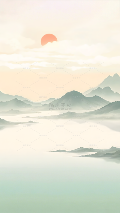 背景系列水墨复古渐变山水湖泊背景
