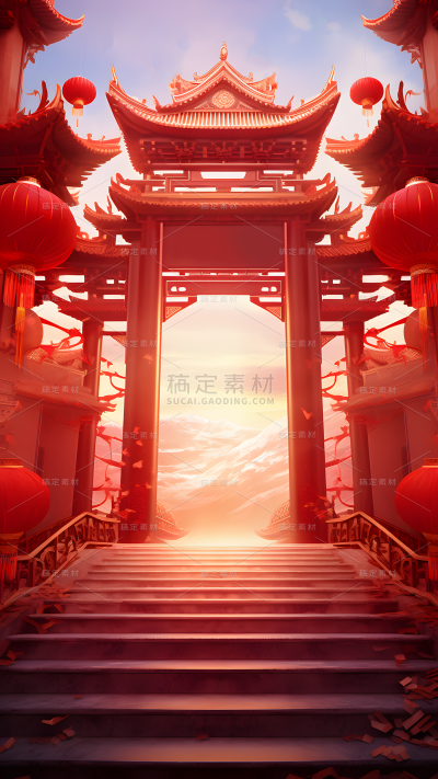 年货节促销中国风中式3D立体建筑开门红生肖展台场景图片