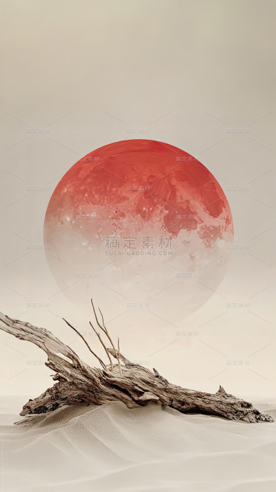 美妆系列简约枯木红日烟雾展台背景