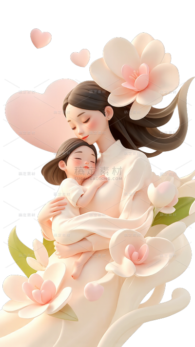 母亲节-唯美感亲子拥抱花插画元素