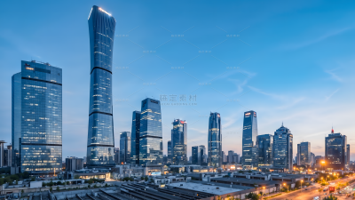 建筑系列傍晚写字楼亮灯暖黄路灯图片（td）