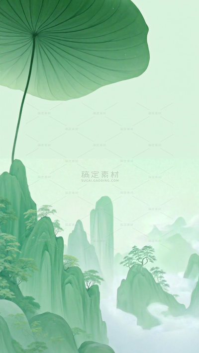 小暑大暑清新感渐变荷叶山脉创意场景背景