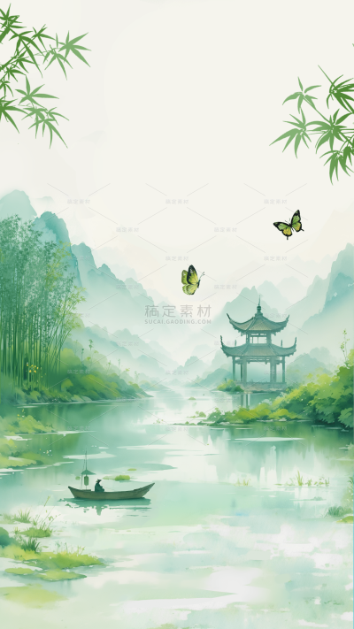 立夏国风山水竹林亭子船只蝴蝶背景