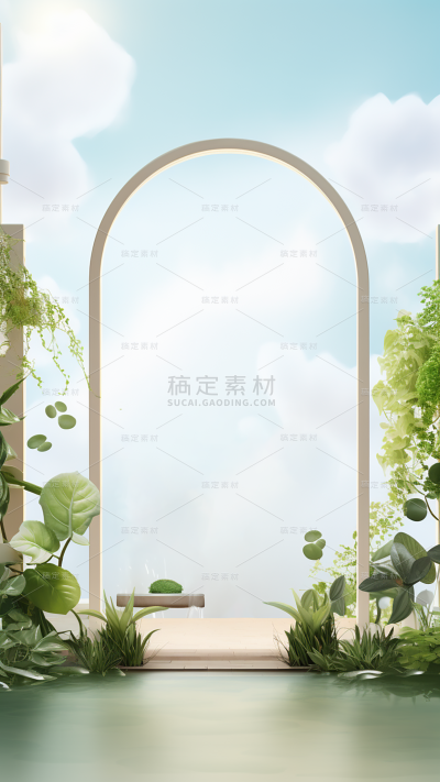 通用电商简约风绿植植物拱门展台静态场景背景