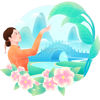 传统节气二十四节气插画幻彩国潮风雨水植物场景组合元素素材