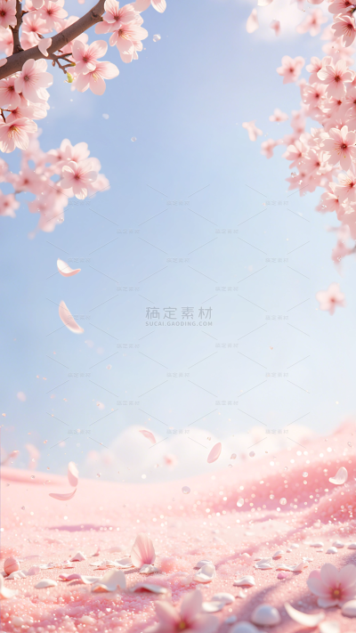 植物系列唯美感写实樱花蓝天飘落地面背景