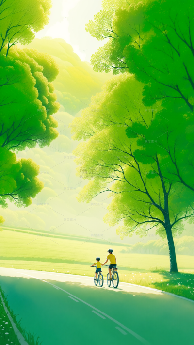 父亲节梦幻光感亲子树草坪插画背景