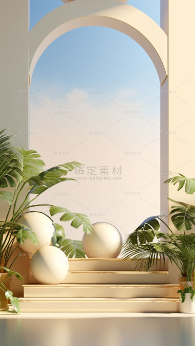 通用电商简约风绿植植物拱门展台静态场景背景