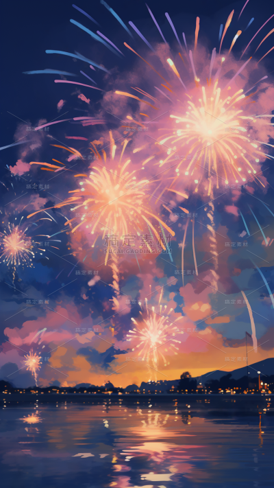 元旦节新年梦幻感烟花背景插画元素素材