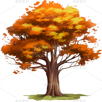 秋季秋天手绘插画黄色棕色植物树木贴纸