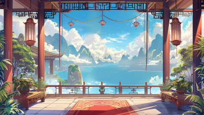 通用中式中国风国风山水门庭场景背景素材