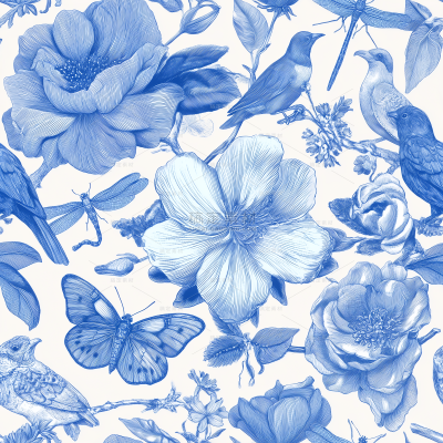 植物系列工笔画蓝色花卉飞鸟插画元素线稿（td）