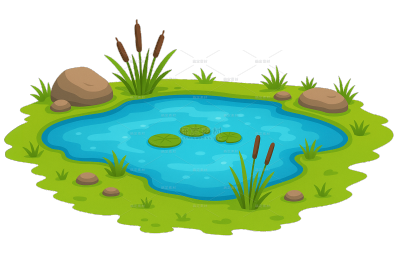 植物系列卡通湖面湖边草地插画元素（td）