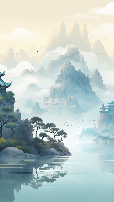背景通用中国风青绿色山水插画场景背景图片素材