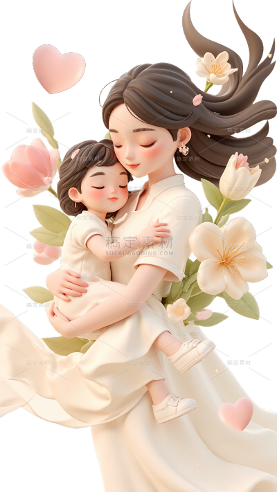 母亲节-唯美感亲子拥抱花插画元素