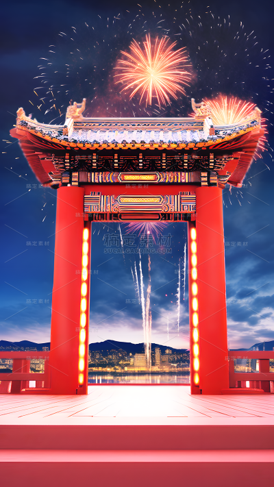龙年新春新年过年除夕年货节中国风中式3D立体门框喜庆场景背景图片素材