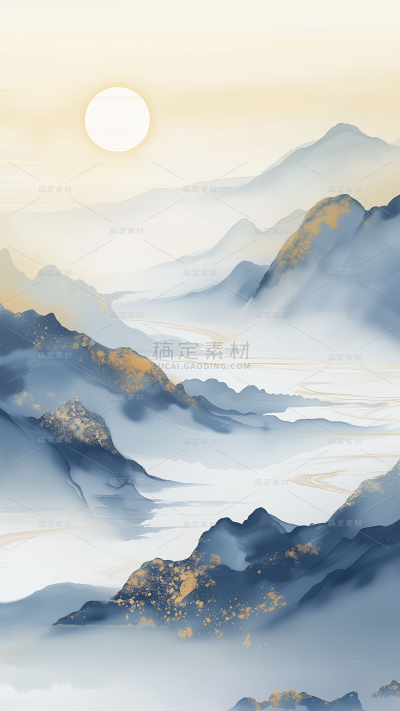 中国风系列青蓝色鎏金水墨山水背景通用背景素材