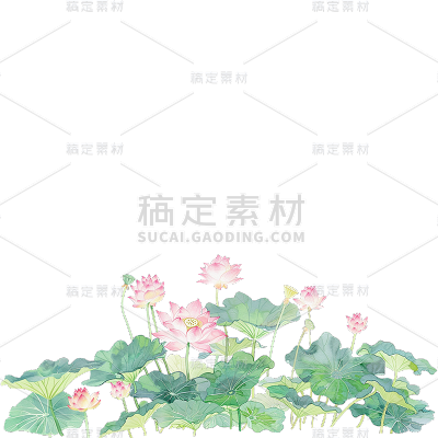 夏日通用元素绿色中国风水彩荷花荷叶池塘