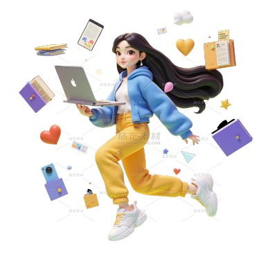 招聘3D手拿电脑奔跑女生贴纸