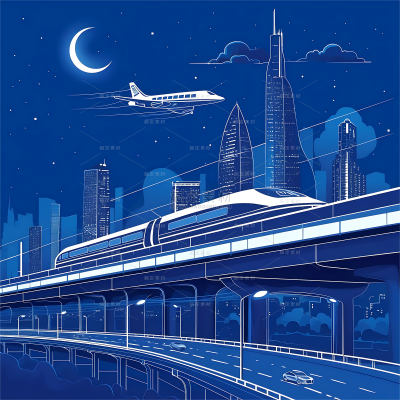 交通系列夜晚白色高铁飞机城市建筑线稿（td）