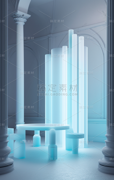 在空房间里的白色桌子，浅靛蓝和浅天蓝色，古典圆柱