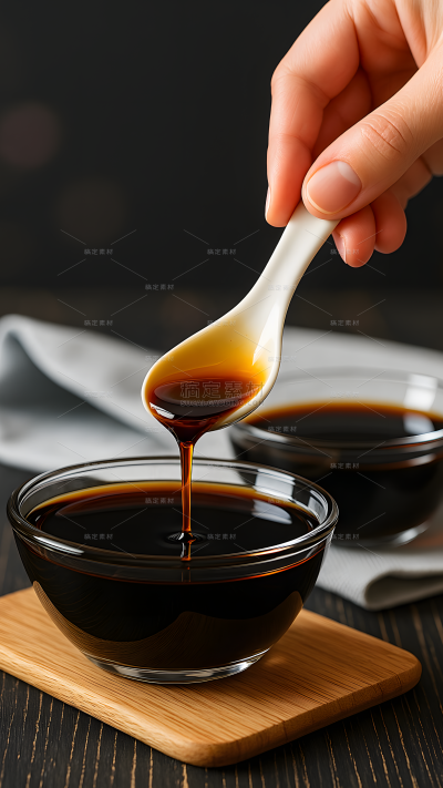 美食系列勺子舀起玻璃碗内的酱油图片（td）