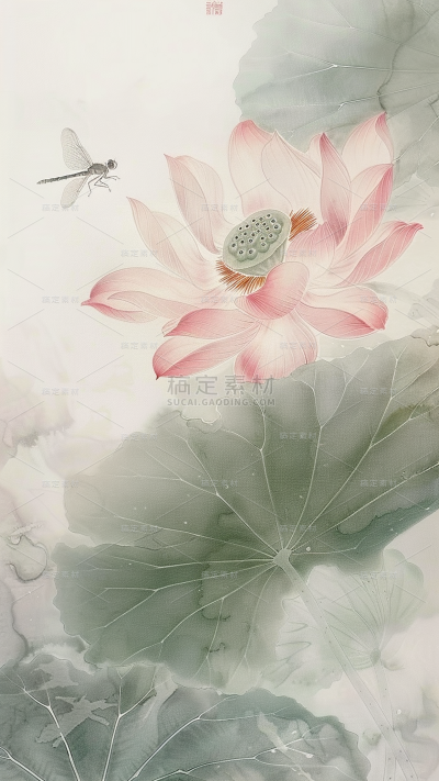 夏日中国风-荷花荷叶水墨晕染无描线工笔画图片背景
