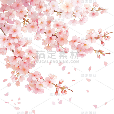 植物通用粉色樱花插画花枝飘花瓣元素素材
