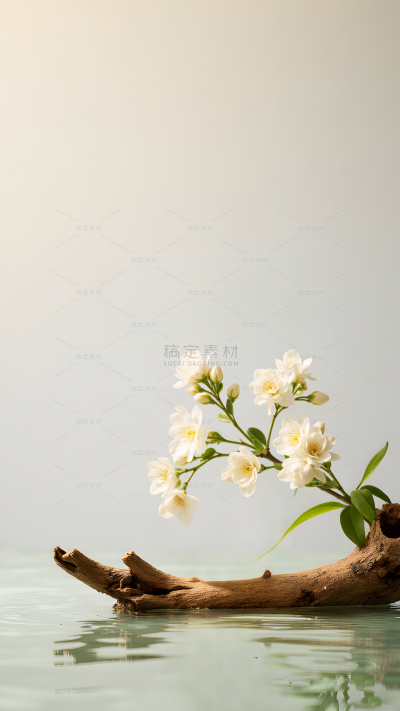 植物系列写实茉莉花水边木头展台背景