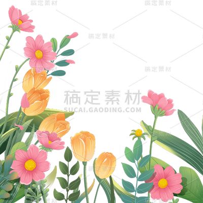 春天春日氛围感插画花卉植物边框元素素材