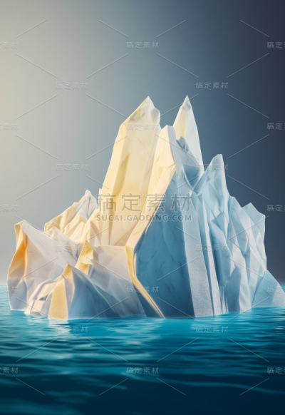 一座漂浮在水中的冰山，身后阳光明媚，采用雕塑纸建筑、高亮度照明、国家地理照片、库存照片、绘画风景、特写、互动装置的风格
