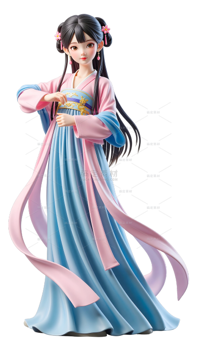 中国风3D古风蓝粉色汉服形象长发年轻女生