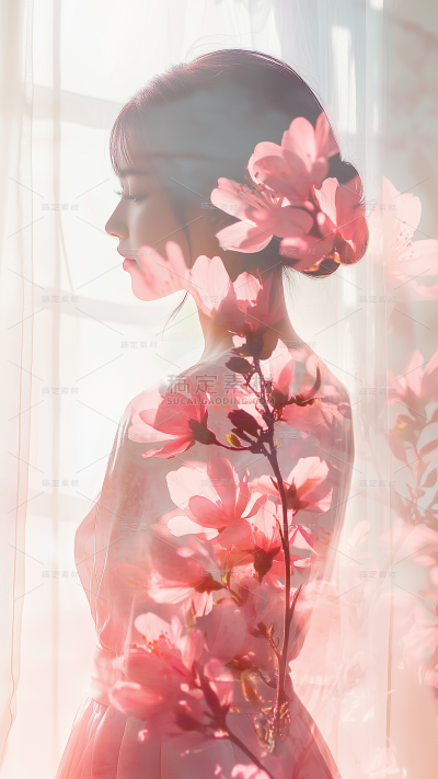 三八妇女节双重曝光女性剪影背景