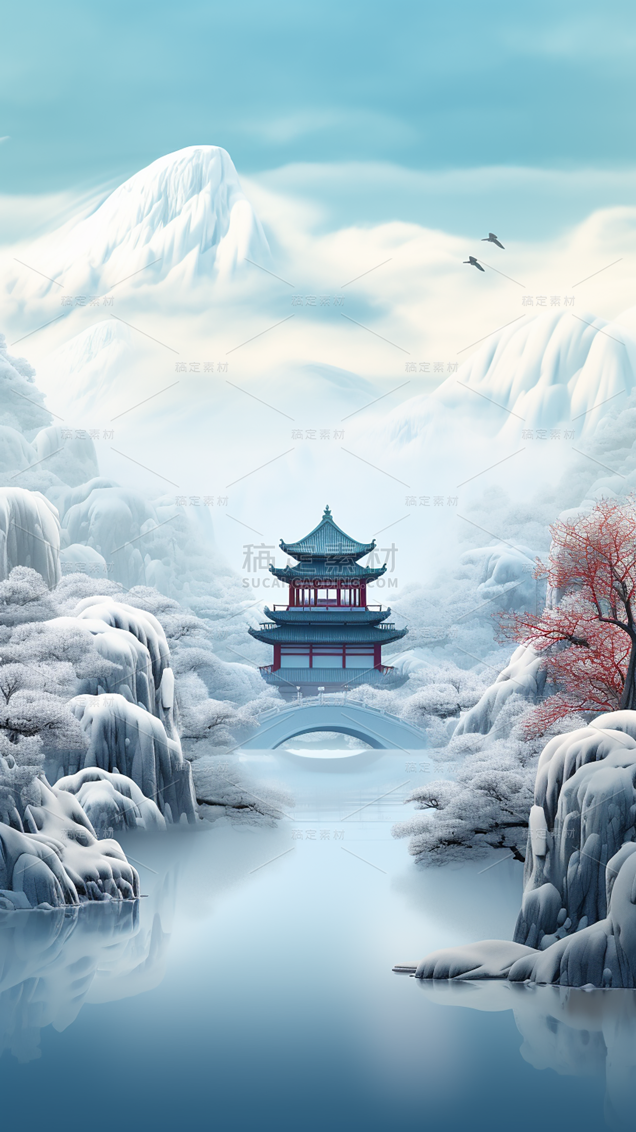 冬季冬天通用插画中国风自然山水积雪场景背景