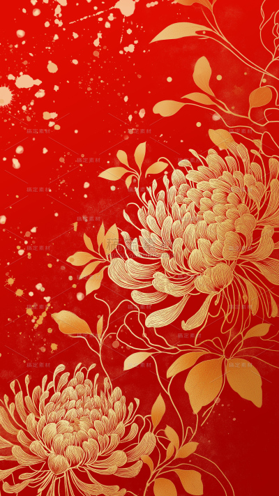 植物系列古风金色线条菊花红色背景