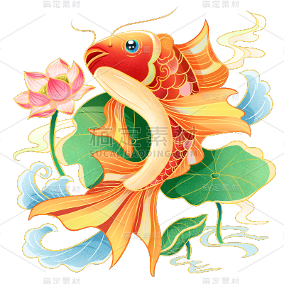 生产素材通用手绘肌理金色描边锦鲤荷花荷叶场景组合贴纸元素素材