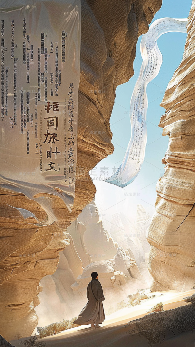 通用中国风3D书山创意敦煌沙漠背景素材