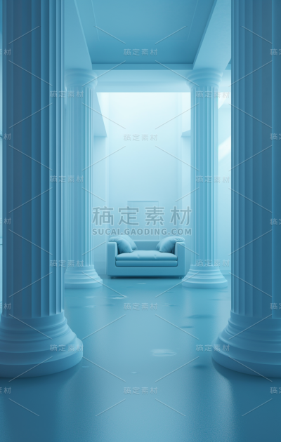 房间里白色起居空间的3d背景，浅靛蓝，基于雕塑圆柱的摄影