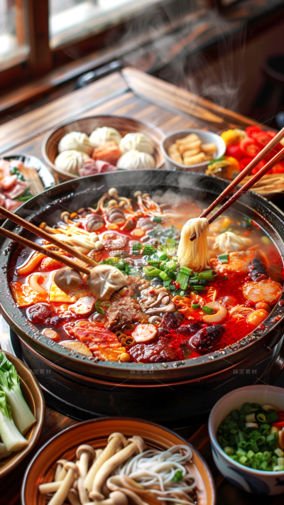美食写实火锅+多人筷子夹起食物