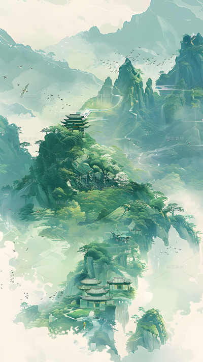 中国风新中式水墨绿色云雾山水背景