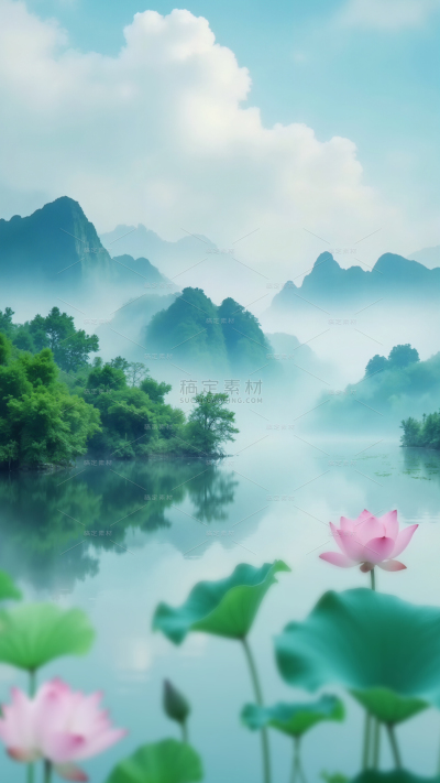夏至实景山水荷花荷叶背景
