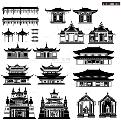 建筑系列简约黑色中式城市建筑组合（td)