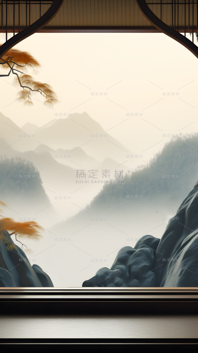通用电商传统中国风中式自然山树场景背景